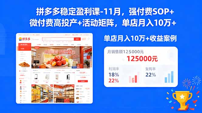 拼多多稳定盈利课-11月,强付费SOP+微付费高投产+活动矩阵,单店月入10万+-好学创业资源