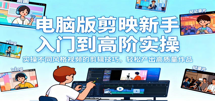 电脑版剪映新手入门到高阶实操,实操不同风格视频的剪辑技巧,轻松产出高质量作品-好学创业资源