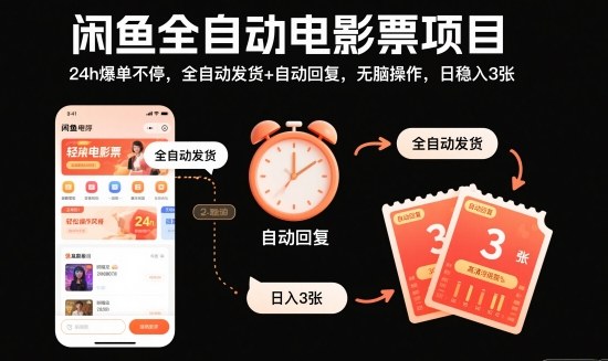 闲鱼全自动电影票项目，24h爆单不停，全自动发货+自动回复，无脑操作，日稳入3张【揭秘】-好学创业资源